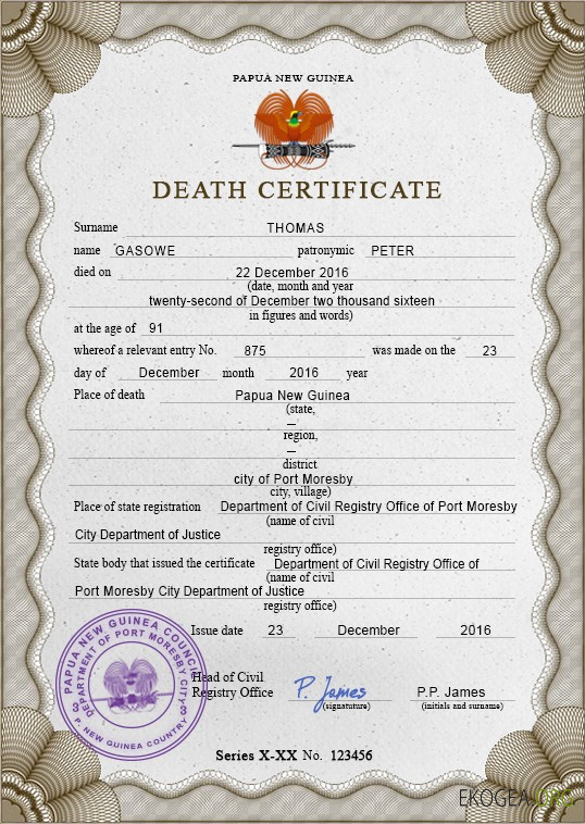 Modèle PSD de certificat de décès en Papouasie Nouvelle Guinée